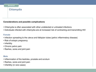 Bacterial


      Chlamydia



Considerations and possible complications

• Chlamydia is often associated with other undetected or untreated infections
• Individuals infected with chlamydia are at increased risk of contracting and transmitting HIV

Female
• Infection spreading to the uterus and fallopian tubes (pelvic inflammatory disease)
• Risk of ectopic pregnancy
• Infertility
• Chronic pelvic pain
• Rashes, sores and joint pain


Male
• Inflammation of the testicles, prostate and scrotum
• Rashes, sores and joint pain
• Infertility (in rare cases)
 