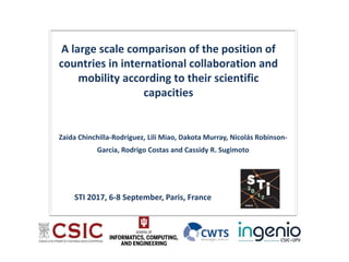 A large scale comparison of the position of
countries in international collaboration and
mobility according to their scientific
capacities
STI 2017, 6-8 September, Paris, France
Zaida Chinchilla-Rodríguez, Lili Miao, Dakota Murray, Nicolás Robinson-
García, Rodrigo Costas and Cassidy R. Sugimoto
 