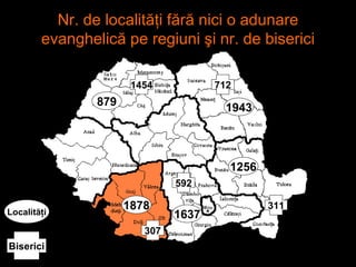 Nr. de localităţi  f ără  nici o  adunare evanghelică pe regiuni şi nr. de biserici 1878 1256 879 1637 1943 1454 712 311 5...