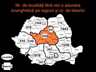 Nr. de localităţi  f ără  nici o  adunare evanghelică pe regiuni şi nr. de biserici 510 1878 1256 1943 879 1434 1637 1454 ...