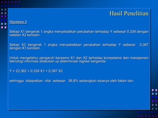 Hasil Penelitian
Hipotesis 3
Setiap X1 bergerak 1 angka menyebabkan perubahan terhadap Y sebesar 0,339 dengan
catatan X2 konstan.
Setiap X2 bergerak 1 angka menyebabkan perubahan terhadap Y sebesar 0,387
dengan X1 konstan.
Untuk mengetahui pengaruh bersama X1 dan X2 terhadap kompetensi dan manajemen
teknologi informasi dilakukan uji determinasi regresi berganda
Y = 22,362 + 0,339 X1 + 0,387 X2
sehingga didapatkan nilai sebesar 38,8% sedangkan sisanya oleh faktor lain.
 