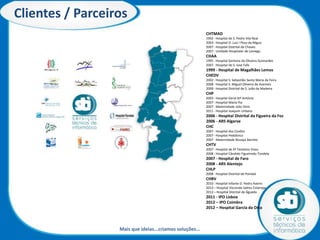 Módulos Circuito do
Medicamento

Prescrição Eletrônica (Internamento; Ambulatório; Oncológica; Urgência)
Enfermagem (Registo

de Administração da Terapêutica)

Nutrição (Dietas Hospitalares; Entérica; Parentérica)
Solução Integrada de Oncologia
Solução Integrada para Urgência Hospitalar
Farmácia
1.
2.
3.

Distribuição Dose Unitária ou Distribuição Tradicional ou Distribuição Avançada
Ambulatório Hospitalar
Preparações (Citostáticos; Nutrição Parentérica; Composições)

Prescrição Dietas Hospitalares

Cozinha Hospitalar

Gestão de Visitas (Doentes Internados; Serviço)
Mais que ideias...criamos Soluções...

 
