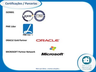 Módulos Logística

Concursos

Compras (Medicamentos; Bens de Consumo; Investimento;
Serviços)
Almoxarifado(Gerais; Locais; Avançados)
Centros de Custo (Consumos dos Serviços)
Inventário de Stocks
Gestão do Imobilizado
Manutenção e Assistências Técnicas (Helpdesk)
Consumos Bloco Operatório
Solução Mobile (PDA)
Mais que ideias...criamos Soluções...

 