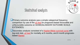 Statistical analysis 
Primary outcome analysis was a simple categorical frequency 
comparison by use of the χ2 test for prognosis-based favourable and 
unfavourable outcome on GOSE(GLASGOW OUTCOME SCALE-EXTENDED) 
Secondary analysis consisted of a Kaplan-Meier survival curve with 
log-rank test, χ2 test for mortality at 6 months, and 6 month prognosis-based 
Rankin 
9/27/2014 22 
 