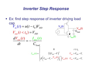 Inverter Step Response
 Ex: find step response of inverter driving load
cap
0
0
( )
( )
( )
(
(
)
)
DD
DD
loa
d
ou
i
d
t
o
n
ut sn
V
V
u t t V
t t
V t
V
d
dt C
t
I t
 

 

 
0
2
2
0
2
)
)
(
( )
( DD DD t
DD
out
out
out out D t
n
t
ds
D
I V
t t
V V V V
V V V V
V
t
V t
V t
b
b




   


 
   
  
 

Vin(t)
Vout
(t)
Cload
Idsn(t)
 