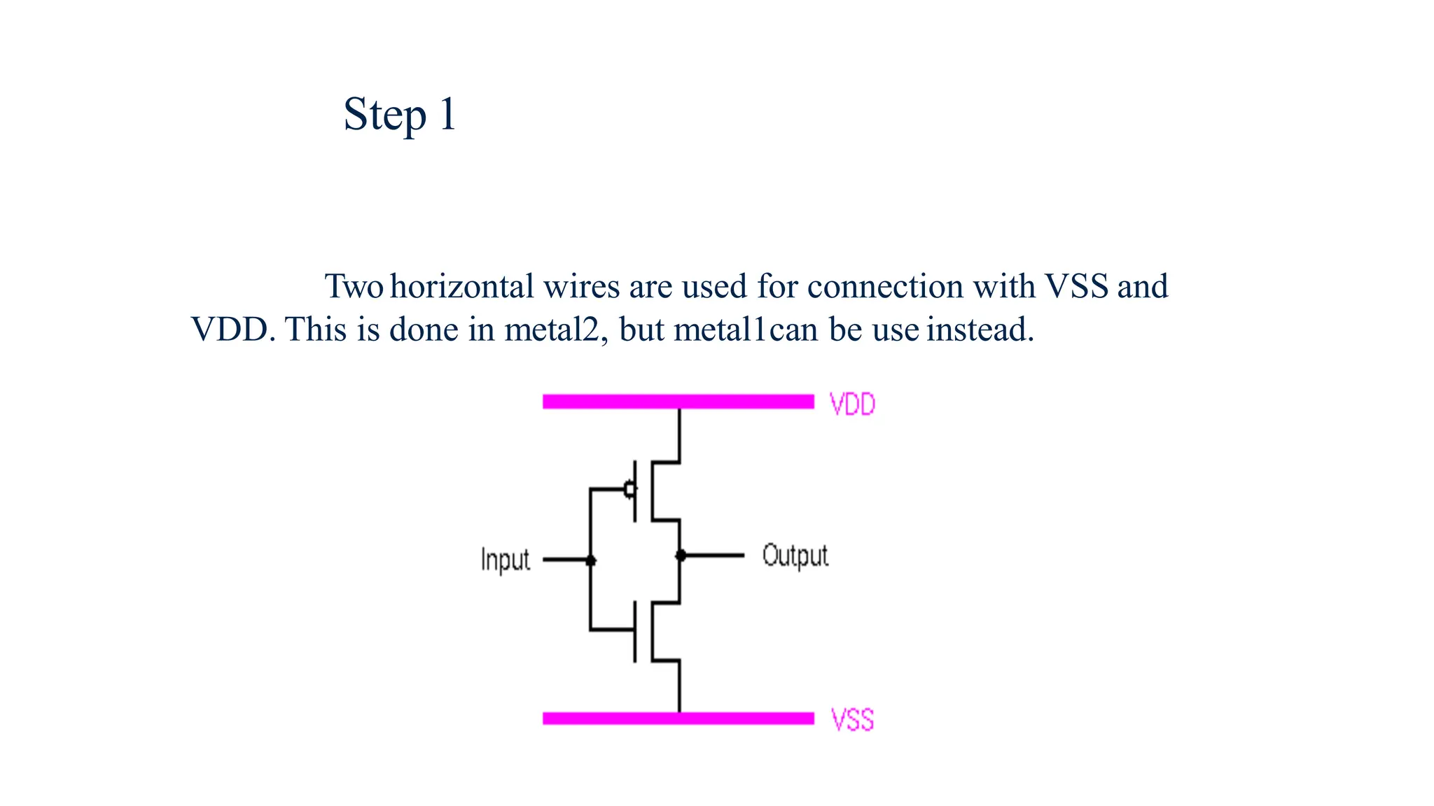 Twohorizontal wires are used for connection with VSS and
VDD. This is done in metal2, but metal1can be use instead.
Step 1
 