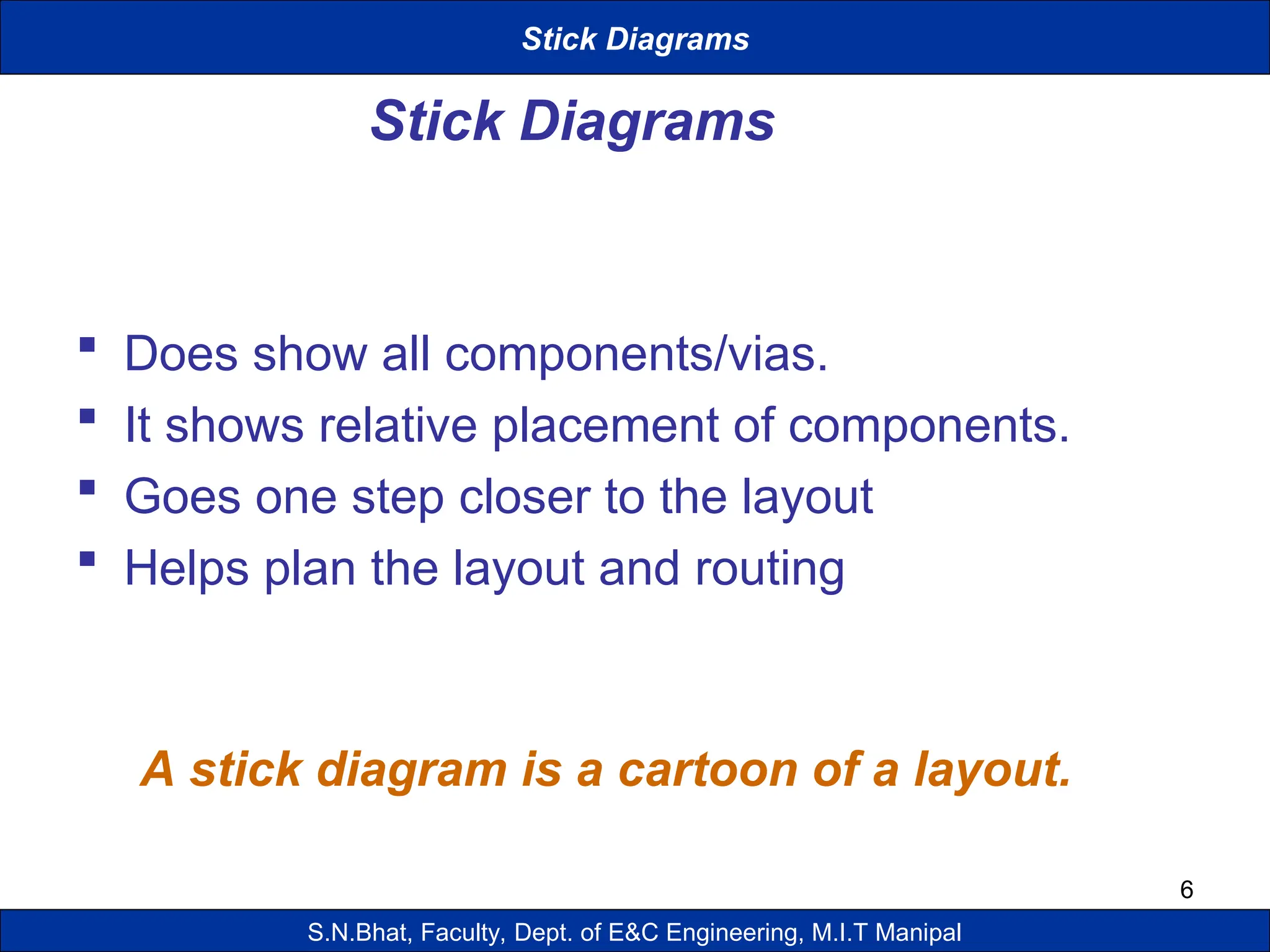 6
Stick Diagrams
 Does show all components/vias.
 It shows relative placement of components.
 Goes one step closer to the layout
 Helps plan the layout and routing
A stick diagram is a cartoon of a layout.
Stick Diagrams
S.N.Bhat, Faculty, Dept. of E&C Engineering, M.I.T Manipal
 
