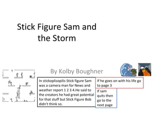 Stick Figure Sam and the Storm By Kolby Boughner  In stickoplisopilis Stick figure Sam was a camera man for News and weather report 1 2 3 4.He said to the creators he had great potential for that stuff but Stick Figure Bob didn’t think so. If sam quits then go to the next page If he goes on with his life go to page 3 