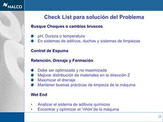 25
Check List para solución del Problema
Busque Choques o cambios bruscos
pH, Dureza o temperatura
En sistemas de aditivos, duchas y sistemas de limpiezas
Control de Espuma
Retención, Drenaje y Formación
Debe ser optimizada y no maximizada
Mejorar distribución de materiales en la dirección Z
Maximizar el drenaje
Mantener buenas prácticas de limpieza de la máquina
Wet End
• Analizar el sistema de aditivos químicos
• Encontrar y optimizar el “riñón”de la máquina
 