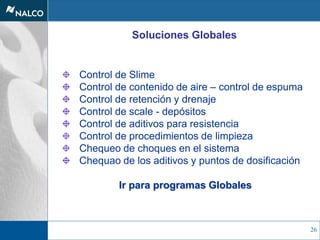 26
Soluciones Globales
Control de Slime
Control de contenido de aire – control de espuma
Control de retención y drenaje
Control de scale - depósitos
Control de aditivos para resistencia
Control de procedimientos de limpieza
Chequeo de choques en el sistema
Chequao de los aditivos y puntos de dosificación
Ir para programas Globales
 