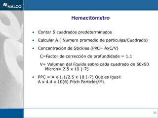 33
Hemacitómetro
• Contar 5 cuadrados predeterminados
• Calcular A ( Numero promedio de particulas/Cuadrado)
• Concentración de Stickies (PPC= AxC/V)
C=Factor de corrección de profundidade = 1.1
V= Volumen del líquido sobre cada cuadrado de 50x50
Micron= 2.5 x 10 (-7)
• PPC = A x 1.1/2.5 x 10 (-7) Que es igual:
A x 4.4 x 10(6) Pitch Particles/ML
 