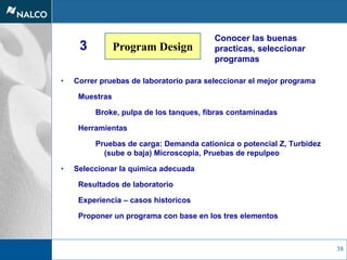 38
Program Design3
• Correr pruebas de laboratorio para seleccionar el mejor programa
Muestras
Broke, pulpa de los tanques, fibras contaminadas
Herramientas
Pruebas de carga: Demanda cationica o potencial Z, Turbidez
(sube o baja) Microscopia, Pruebas de repulpeo
• Seleccionar la quimica adecuada
Resultados de laboratorio
Experiencia – casos historicos
Proponer un programa con base en los tres elementos
Conocer las buenas
practicas, seleccionar
programas
 