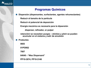 72
Dispersión (dispersantes, surfactantes, agentes rehumectantes)
Reducir el tamaño de la particula
Reducir el potencial de deposición
Energía mecánica es necesaria para la dipsersión
disperser, refinador, or pulper
retención/ se necesitan purgas – stickies y pitch se pueden
acumular en el sistema y salir de emulsión
Productos
8683
01PO062
7667
64040 - “Wax Dispersant”
PP10-3074, PP10-3148
Programas Químicos
 