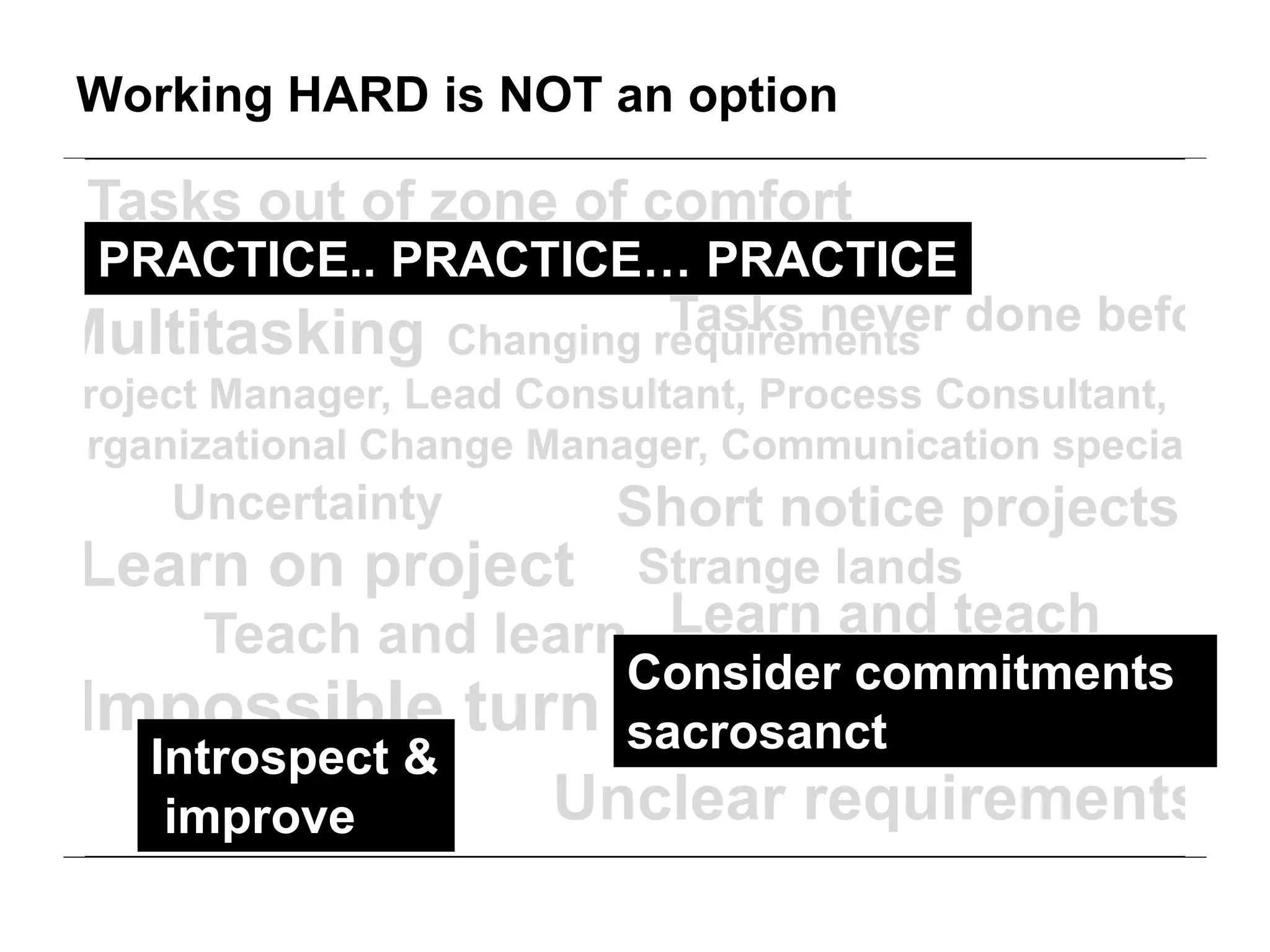 Working HARD is NOT an option

 Tasks out of zone of comfort
 PRACTICE.. PRACTICE… PRACTICE
                       Tasks never done before
Multitasking Changing requirements
Project Manager, Lead Consultant, Process Consultant,
Organizational Change Manager, Communication specialist
     Uncertainty         Short notice projects
 Learn on project         Strange lands
      Teach and learn Learn and teach
                          Consider commitments
 Impossible turn          around
                          sacrosanct
    Introspect &
     improve           Unclear requirements
 