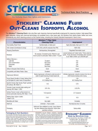 The Sticklers™ Cleaning Fluid is the only fiber optic cleaning chemical specifically engineered for cleaning modern, high-speed fiber
optic networks. Using new chemical technology not available even a few years ago, the Sticklers fluid cleans faster, better and more
consistently any other cleaning product on the market today, including the industry standard isopropanol. Here’s how....
TECH NOTE TS-145 Rev. 11/30/2010 Page 1 of 1
TRADEMARKS: The term “Sticklers”, “CleanStixx”, “CleanWipe”,
“CleanSlots”,“TravelSAFE”, and“Triton”arealltrademarksofMicroCare
Corp. The MicroCare name and logo are registered trademarks of Mi-
croCare.ThecleaningsticksareprotectedunderUSpatent#7,401,374.
The Triton™ dispensing cap is protected under US patent #7,784,647.
Cleaning solvent FCC2 is protected under US patent #6,951,835
DISCLAIMER: This information is based on data believed to be reliable,
but MicroCare assumes no liability for its use by others. This publication
is not to be taken as a license to infringe upon any patents not herein
expressly described.
Sticklers™ Cleaners
Made by MicroCare Corp.
595 John Downey Drive, New Britain, CT 06051 USA
Tel: 860.827.0626 Fax: 860.827.8105
In North America, Dial: 800.638.0125
Email: TechSupport@SticklersCleaners.com
On the Web: www.SticklersCleaners.com
Sticklers™
Cleaning Fluid
Out-Cleans Isopropyl Alcohol
For Perfectly Clean Fiber Splices and Connectors
Characteristics
Sticklers™ Fiber Optic
Cleaning Fluid Isopropanol
Flammability (Flash Point) Nonflammable, no flash point Highly flammable, flash point 12˚C / 54˚F
VOC Content (Contributes to smog) 4.5% VOC (a 95.5% reduction from IPA) 100% VOC
Shipping Classification Nonhazardous, Nonregulated Regulated Flammable Liquid
Residues
No residues. Consistent purity. Filtered to sub-
micron purity for particulate. Water content: <12 ppm
Leaves residues and “water marks.” Purity varies by
grade. Purity decreases immediately when exposed
to air. Water content: up to 300,000 ppm
Ability to Remove—
Light Oils
Ionic Contamination
Particulate
Water
Excellent
Very Good
Excellent
Very Good
Fair
Fair
Fair
Poor
Ability to Dissipate Static Build-up Good Good
Compatibility with Metal, Plastic, Glass Excellent Excellent
Hygroscopic Behavior
Barely hygroscopic; will absorb small amounts of
water to speed cleaning of water-based oils
Infinitely hygroscopic; absorbs moisture from the air
which leaves residues when drying
Drying Speed (Smaller Is Faster; Boiling Point
as Surrogate for Latent Heat of Evaporation)
.25-33
61˚C Boiling Point
1.00
82˚C Boiling Point
Specific Gravity (High density “floats” particles
off surfaces. NB: Water=1)
1.45 0.79
Viscosity (Lower viscosity helps wetting and
cleaning. NB: Water= 1.002)
0.61 cPs 2.43 cPs
Surface Tension (Lower surface tension en-
hances particulate cleaning. NB: Water = 72.8)
13.6 dyne/cm 21.7 dyne/cm
Wetting Index; higher is better
(Water=13.9)
174.7 14.9
Miscibility with Water Very slight Complete
Shelf Life Unlimited — fluid is stable Normally less than 12 months
Packaging
Spill-proof; Non-refillable for purity; 3-way dispens-
ing valve; Metered-dose dispenser; Super-clean
seamless container
Varies widely
Packaging & Part Numbers
PartnumberMCC-POC03Mcontains400+cleaningsusing3oz./85gof
solvent.Packed12cans/carton.Unlimitedshelflife.12-monthwarranty.
Available through Micro Care distributors everywhere. This cleaner is
available in unique TravelSAFE™ packaging. Developed specifically
for the fiber optics industry, TravelSAFE products are nonflammable,
noncorrosive and nonpressurized. This means they can be shipped
inexpensively, without hazmat fees, by overnight courier or even on
commercial airlines.
Technical Note: Best Practices
 