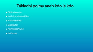 Základní pojmy aneb kdo je kdo
Bibliodiverzita


Knižní profesionál*ka


Nakladatel*ka


Distributor


Knihkupec*kyně


Knihovna
 