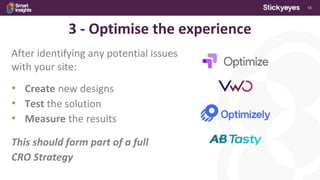 18
3 - Optimise the experience
After identifying any potential issues
with your site:
• Create new designs
• Test the solution
• Measure the results
This should form part of a full
CRO Strategy
 