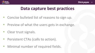 20
Data capture best practices
• Concise bulleted list of reasons to sign up.
• Preview of what the users gets in exchange.
• Clear trust signals.
• Persistent CTAs (calls to action).
• Minimal number of required fields.
 