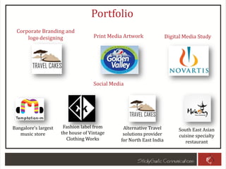 Portfolio
Corporate Branding and
logo designing
Social Media
Print Media Artwork
Bangalore’s largest
music store
Fashion label from
the house of Vintage
Clothing Works
Alternative Travel
solutions provider
for North East India
South East Asian
cuisine specialty
restaurant
Digital Media Study
 