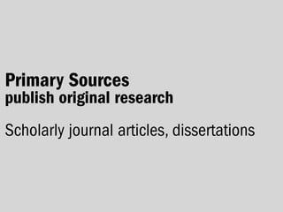 Primary Sources
publish original research
Scholarly journal articles, dissertations
 