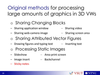 18
Original methods for processing
large amounts of graphics in 3D VWs
o Sharing Changing Blocks
‒ Sharing application window – Sharing video
‒ Sharing web-camera image – Sharing screen area
o Sharing Attributed Vector Figures
‒ Drawing figures and typing text – Inserting text
o Processing Static Images
‒ Slideshow – Area print screen
‒ Image insert – Backchannel
‒ Sticky notes
VSUT
 