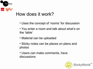 How does it work? Uses the concept of ‘rooms’ for discussion You enter a room and talk about what’s on the ‘table’ Material can be uploaded Sticky notes can be places on plans and photos Users can make comments, have discussions 