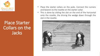 • Place the starter collars on the jacks. Connect the runners
and bearers to the rosette on the starter collar.
• This is done by sliding the slot on the end of the horizontal
onto the rosette, the driving the wedge down through the
slot in the rosette.
Place Starter
Collars on the
Jacks
 