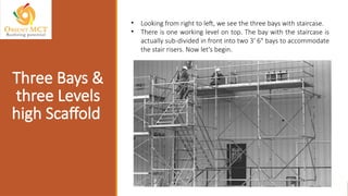 • Looking from right to left, we see the three bays with staircase.
• There is one working level on top. The bay with the staircase is
actually sub-divided in front into two 3' 6" bays to accommodate
the stair risers. Now let's begin.
Three Bays &
three Levels
high Scaffold
 