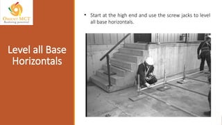 • Start at the high end and use the screw jacks to level
all base horizontals.
Level all Base
Horizontals
 