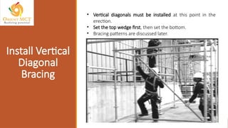 • Vertical diagonals must be installed at this point in the
erection.
• Set the top wedge first, then set the bottom.
• Bracing patterns are discussed later.
Install Vertical
Diagonal
Bracing
 