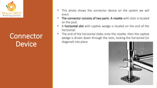 Connector
Device
• This photo shows the connector device on the system we will
erect.
• The connector consists of two parts. A rosette with slots is located
on the post.
• A horizontal slot with captive wedge is located on the end of the
horizontal.
• The end of the horizontal slides onto the rosette, then the captive
wedge is driven down through the slots, locking the horizontal (or
diagonal) into place.
 