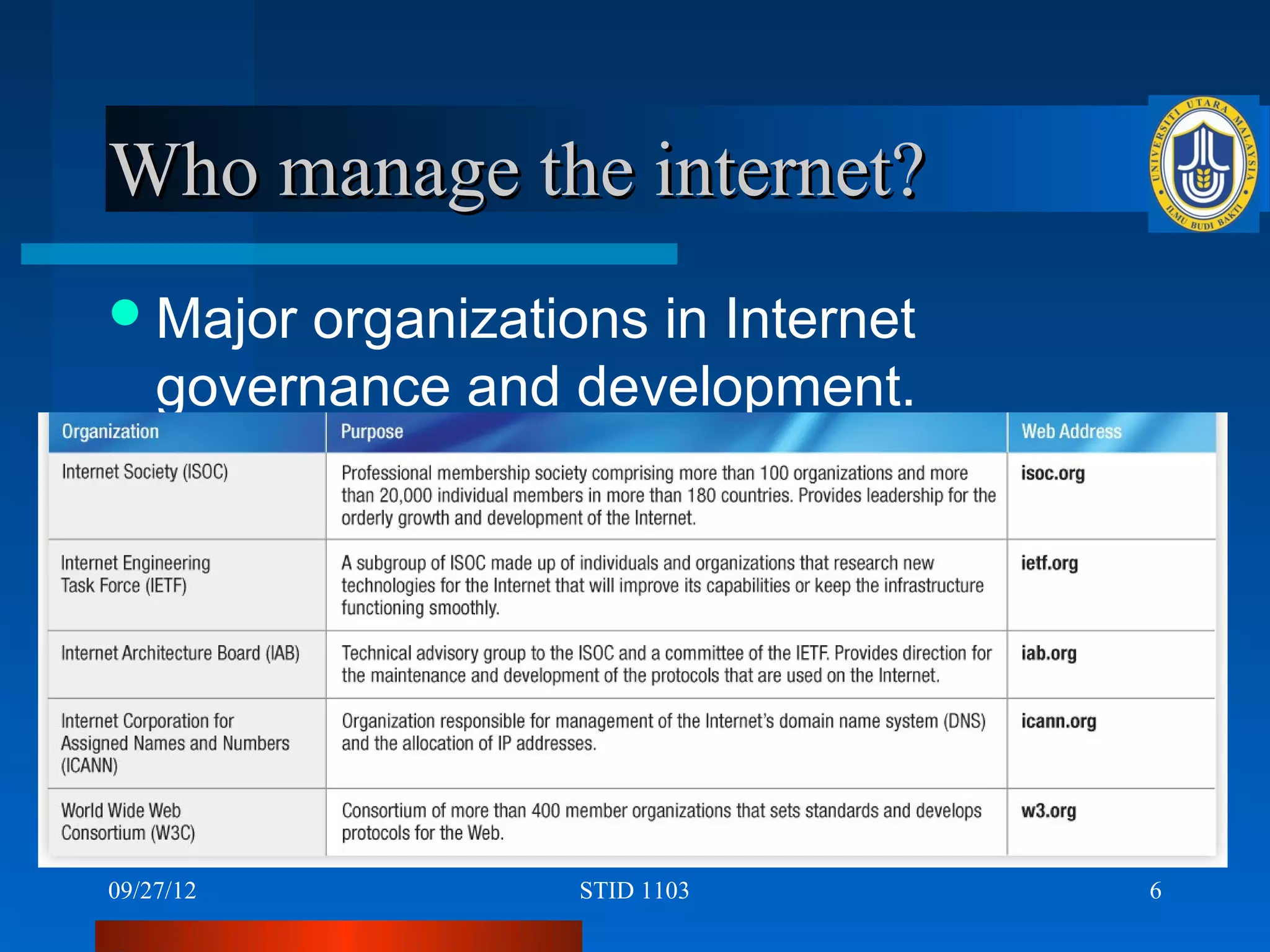 Who manage the internet?
 Major  organizations in Internet
    governance and development.




09/27/12            STID 1103        6
 
