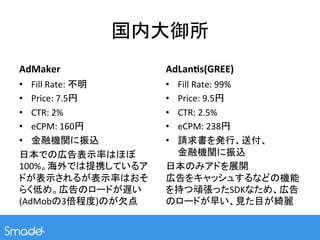 国内大御所	
AdMaker	
                    AdLan/s(GREE)	
•  Fill	
  Rate:	
  不明	
      Fill	
  Rate:	
  99%	
  
                             • 
•  Price:	
  7.5円	
           Price:	
  9.5円	
  
                             • 
•  CTR:	
  2%	
               CTR:	
  2.5%	
  
                             • 
•  eCPM:	
  160円	
            eCPM:	
  238円	
  
                             • 
•  金融機関に振込	
                 • 
                              請求書を発行、送付、	
  
日本での広告表示率はほぼ                  金融機関に振込	
  
100%。海外では提携しているア             日本のみアドを展開	
  
ドが表示されるが表示率はおそ               広告をキャッシュするなどの機能
らく低め。広告のロードが遅い               を持つ頑張ったSDKなため、広告
(AdMobの3倍程度)のが欠点	
           のロードが早い、見た目が綺麗	
 
