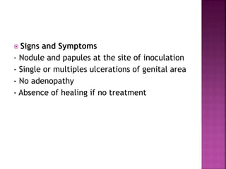  Signs and Symptoms
- Nodule and papules at the site of inoculation
- Single or multiples ulcerations of genital area
- No adenopathy
- Absence of healing if no treatment
 