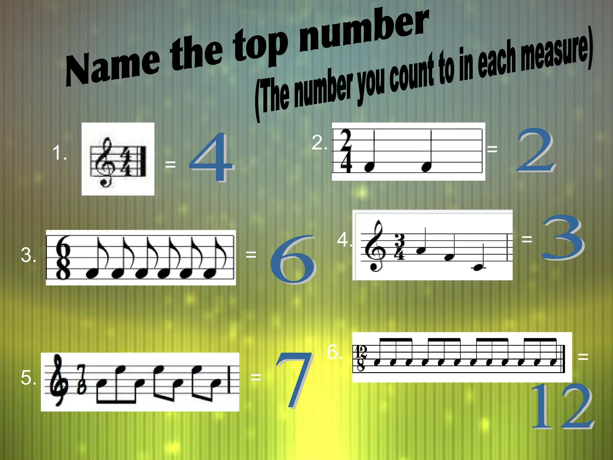 1. 2. 3. 4. 5. 6. = = = = = = Name the top number (The number you count to in each measure) 4 2 6 3 7 12 