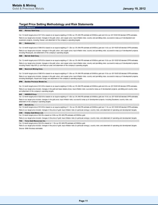 Metals & Mining
Gold & Precious Metals                                                                                                                                          January 19, 2012




    Target Price Setting Methodology and Risk Statements
    Valuation Statem ent
    KGC     Kinross Gold Corp.

    Our 12-month target price of $17.00 is based on an equal w eighting of 0.90x our 3%-NAVPS estimate at $1600/oz gold and 9.0x our 2011E/2012E blended CFPS estimates.
    Risks to our target price include: changes in the gold, silver, and copper price; input inflation risks; country and permitting risks; successful ramp-up of development and
    expansion projects, including Tasiast; and attainment of the company’s operating targets.

    GG      Goldcorp Inc.

    Our 12-month target price of $65.00 is based on an equal w eighting of 1.30x our 3%-NAVPS estimate at $1600/oz gold and 13.0x our 2011E/2012E blended CFPS estimates.
    Risks to our target price include: changes in the gold, silver, and copper price; input inflation risks; country and permitting risks; successful ramp-up of development projects,
    including Penasquito; and attainment of the company’s operating targets.

    ABX     Barrick Gold Corp.

    Our 12-month target price of $70.00 is based on an equal w eighting of 1.00x our 3%-NAVPS estimate at $1600/oz gold and 10.0x our 2011E/2012E blended CFPS estimates.
    Risks to our target price include: changes in the gold, silver, and copper price; input inflation risks; country and permitting risks; successful ramp-up of development projects,
    including Pueblo Viejo 60% j/v and Pascua Lama; and attainment of the company’s operating targets.

    NEM     New m ont Mining Corp.

    Our 12-month target price of $80.00 is based on an equal w eighting of 1.00x our 3%-NAVPS estimate at $1600/oz gold and 10.0x our 2011E/2012E blended CFPS estimates.
    Risks to our target price include: changes in the gold, silver, and copper price; input inflation risks; country and permitting risks; successful ramp-up of development projects,
    including Boddington, Akyem and Conga; and attainment of the company’s operating targets.

    DPM     Dundee Precious Metals Inc.

    Our 12-month target price of $13.50 is based on an equal w eighting of 0.80x our 3%-NAVPS estimate at $1600/oz gold and 8.0x our 2011E/2012E blended CFPS estimates.
    Risks to our target price include: changes in the gold and base metals prices; input inflation risks; successful ramp-up of development projects; permitting and country risks;
    and attainment of the company’s operating targets.

    IAG    IAMGOLD Corp.
    Our 12-month target price of $23.00 is based on an equal w eighting of 1.00x our 3%-NAVPS estimate at $1600/oz gold and 10.0x our 2011E/2012E blended CFPS estimates.
    Risks to our target price include: changes in the gold price; input inflation risks; successful ramp-up of development projects, including Essakane; country risks; and
    attainment of the company’s operating targets.

    SMF Sem afo Inc.
    Our 12-month target price of $10.50 is based on an equal w eighting of 1.10x our 3%-NAVPS estimate at $1600/oz gold and 11.0x our 2011E/2012E blended CFPS estimates.
    Risks to our target price include: changes in the price of gold; input inflation risks (in particular energy); country risks; and attainment of operating and development targets.
    CXN    Chalice Gold Mines Ltd.
    Our 12-month target price of $0.35 is based on 0.90x our 8%-NAVPS estimate at $1600/oz gold.
    Risks to our target price include: changes in the price of gold; input inflation risks (in particular energy); country risks; and attainment of operating and development targets.
    TXG      Torex Gold Resources Inc.
    Our 12-month target price of $2.25 is based on 1.10x our 8%-NAVPS estimate at $1600/oz gold.
    Risks to our target price include: changes in the price of gold; input inflation risks (in particular energy); country risks; and attainment of operating and development targets.
    Source: Stifel Nicolaus estimates




                                                                                              Page 11
 