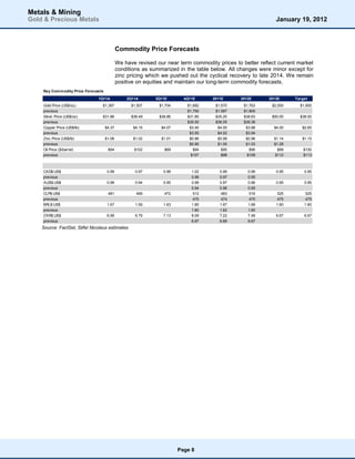 Metals & Mining
Gold & Precious Metals                                                                                       January 19, 2012



                                             Commodity Price Forecasts

                                             We have revised our near term commodity prices to better reflect current market
                                             conditions as summarized in the table below. All changes were minor except for
                                             zinc pricing which we pushed out the cyclical recovery to late 2014. We remain
                                             positive on equities and maintain our long-term commodity forecasts.
    Key Com m odity Price Forecasts
                                1Q11A            2Q11A       3Q11E       4Q11E     2011E       2012E      2013E     Target
    Gold Price (US$/oz)           $1,387           $1,507     $1,704      $1,682     $1,570     $1,763     $2,000     $1,600
    previous                      $1,387           $1,507     $1,704      $1,750     $1,587     $1,800     $2,000     $1,600
    Silver Price (US$/oz)         $31.86           $38.49     $38.86      $31.80     $35.25     $38.63     $50.00     $38.00
    previous                      $31.86           $38.49     $38.86      $35.00     $36.05     $39.38     $50.00     $38.00
    Copper Price (US$/lb)          $4.37            $4.15      $4.07       $3.40      $4.00      $3.88      $4.00      $2.65
    previous                       $4.37            $4.15      $4.07       $3.50      $4.02      $3.94      $4.00      $2.65
    Zinc Price (US$/lb)            $1.08            $1.02      $1.01       $0.86      $0.99      $0.96      $1.14      $1.15
    previous                       $1.08            $1.02      $1.01       $0.90      $1.00      $1.03      $1.28      $1.15
    Oil Price ($/barrel)             $94            $102         $89         $94        $95        $96        $99      $100
    previous                         $94            $102         $89        $107        $98      $109       $112       $113



    CAD$:US$                          0.99           0.97       0.98        1.02       0.99       0.99       0.95       0.95
    previous                          0.99           0.97       0.98        0.96       0.97       0.95       0.95       0.95
    AUS$:US$                          0.99           0.94       0.95        0.99       0.97       0.96       0.95       0.95
    previous                          0.99           0.94       0.95        0.94       0.96       0.95       0.95       0.95
    CLP$:US$                          481             469       472         512        483        516        525        525
    previous                          481             469       472         475        474        475        475        475
    BRL$:US$                          1.67           1.59       1.63        1.80       1.67       1.68       1.60       1.60
    previous                          1.67           1.59       1.63        1.60       1.62       1.60       1.60       1.60
    ZAR$:US$                          6.99           6.79       7.13        8.09       7.22       7.48       6.67       6.67
    previous                          6.99           6.79       7.13        6.67       6.89       6.67       6.67       6.67
    Source: FactSet, Stifel Nicolaus estimates




                                                                       Page 8
 