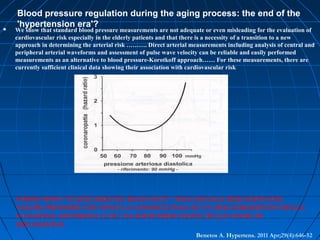 Blood pressure regulation during the aging process: the end of the
'hypertension era'? We show that standard blood pressure measurements are not adequate or even misleading for the evaluation of
cardiovascular risk especially in the elderly patients and that there is a necessity of a transition to a new
approach in determining the arterial risk ………. Direct arterial measurements including analysis of central and
peripheral arterial waveforms and assessment of pulse wave velocity can be reliable and easily performed
measurements as an alternative to blood pressure-Korotkoff approach…… For these measurements, there are
currently sufficient clinical data showing their association with cardiovascular risk
Benetos A. Hypertens. 2011 Apr;29(4):646-52
FORSE SONO “CLINICAMENTE RILEVANTI” SOLO QUELLE RIDUZIONI DEI
VALORI PRESSORI CHE SONO LA CONSEGUENZA DI UN MIGLIORAMENTO DELLA
FUNZIONE ARTERIOSA O DI UNA RIDISTRIBUZIONE DELLE ONDE DI
RIFLESSIONE
 