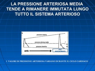 LA PRESSIONE ARTERIOSA MEDIA
TENDE A RIMANERE IMMUTATA LUNGO
TUTTO IL SISTEMA ARTERIOSO
I VALORI DI PRESSIONE ARTERIOSA VARIANO DURANTE IL CICLO CARDIACO
PIU’
DISTALMENTE
 
