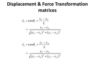 Displacement & Force Transformation
matrices
2
2
2
2
)
(
)
(
cos
)
(
)
(
cos
N
F
N
F
N
F
N
F
y
y
N
F
N
F
N
F
N
F
x
x
y
y
x
x
y
y
L
y
y
y
y
x
x
x
x
L
x
x
−
+
−
−
=
−
=
=
−
+
−
−
=
−
=
=




 