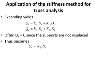 Application of the stiffness method for
truss analysis
• Expanding yields
• Often Dk = 0 since the supports are not displaced
• Thus becomes
u
k D
K
Q 11
=
k
u
u
k
u
k
D
K
D
K
Q
D
K
D
K
Q
22
21
12
11
+
=
+
=
 