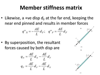 Member stiffness matrix
• Likewise, a +ve disp dF at the far end, keeping the
near end pinned and results in member forces
• By superposition, the resultant
forces caused by both disp are
F
F
F
N d
L
AE
q
d
L
AE
q =
−
= '
'
;
'
'
N
F
F
F
N
N
d
L
AE
d
L
AE
q
d
L
AE
d
L
AE
q
−
=
−
=
 