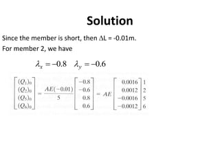 Since the member is short, then L = -0.01m.
For member 2, we have
Solution
6
.
0
8
.
0 −
=
−
= y
x 

 