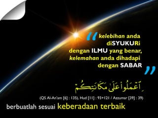 kelebihan anda
diSYUKURi
dengan ILMU yang benar,
kelemahan anda dihadapi
dengan SABAR
(QS Al-An’am [6] : 135), Hud [11] : 93+121 / Azzumar [39] : 39)(QS Al-An’am [6] : 135), Hud [11] : 93+121 / Azzumar [39] : 39)
berbuatlah sesuai keberadaan terbaik kalian
“
”
 