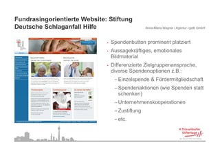 Fundrasingorientierte Website: Stiftung
Deutsche S hl
D t h Schlaganfall Hilfe
                  f ll Hilf                       Anna-Maria Wagner / Agentur i-gelb GmbH



                              •   Spendenbutton prominent platziert
                              •   Aussagekräftiges, emotionales
                                  Bildmaterial
                              •   Differenzierte Zielgruppenansprache,
                                  diverse Spendenoptionen z.B.:
                                   − Ei
                                     Einzelspende & Fördermitgliedschaft
                                          l    d    Fö d   it li d h ft
                                   − Spendenaktionen (wie Spenden statt
                                     schenken)
                                   − Unternehmenskooperationen
                                   − Zustiftung
                                              g
                                   − etc.


 23
 