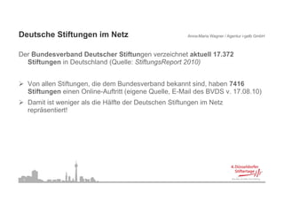Deutsche Stift
D t h Stiftungen i Netz
                 im N t                                  Anna-Maria Wagner / Agentur i-gelb GmbH



Der Bundesverband Deutscher Stiftungen verzeichnet aktuell 17.372
                                                           17 372
  Stiftungen in Deutschland (Quelle: StiftungsReport 2010)


     Von allen Stiftungen, die dem Bundesverband bekannt sind, haben 7416
     Stiftungen einen Online-Auftritt (eigene Quelle, E-Mail des BVDS v. 17.08.10)
     Damit ist
     D it i t weniger als di Hälft d D t h Stift
                    i  l die Hälfte der Deutschen Stiftungen i N t
                                                             im Netz
     repräsentiert!




 3
 
