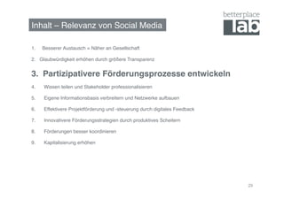 Inhalt – Relevanz von Social Media!

1.    Besserer Austausch = Näher an Gesellschaft!

2. Glaubwürdigkeit erhöhen durch größere Transparenz!


3.  Partizipativere Förderungsprozesse entwickeln!
4.    Wissen teilen und Stakeholder professionalisieren!

5.    Eigene Informationsbasis verbreitern und Netzwerke aufbauen!

6.    Effektivere Projektförderung und -steuerung durch digitales Feedback!

7.    Innovativere Förderungsstrategien durch produktives Scheitern!

8.    Förderungen besser koordinieren!

9.    Kapitalisierung erhöhen!




                                                                              29
 