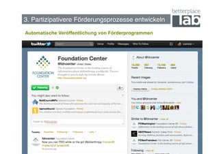 Bessere Förderungsprozesse entwickeln!
3. Partizipativere Förderungsprozesse entwickeln!
Automatische Veröffentlichung von Förderprogrammen




                                                     33
 