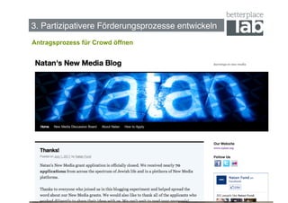 Bessere Förderungsprozesse entwickeln!
3. Partizipativere Förderungsprozesse entwickeln!
Antragsprozess für Crowd öffnen




                                                    36
 