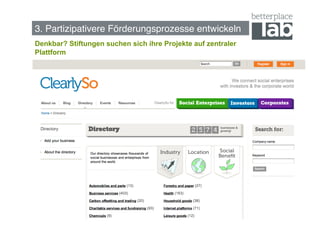 3. Partizipativere Förderungsprozesse entwickeln !
Denkbar? Stiftungen suchen sich ihre Projekte auf zentraler
Plattform




                                                              53
 